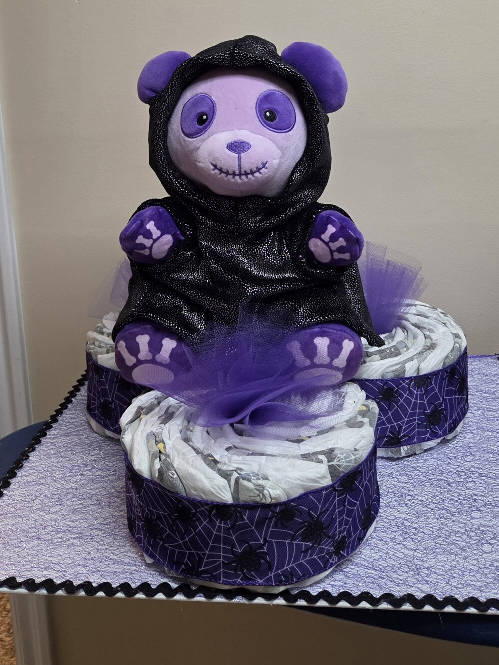 Large Purple Skeleton Bear Halloween Plush Diaper CAKE